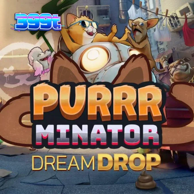 Cena de jogo do slot Purrrminator Dream Drop com temática futurista